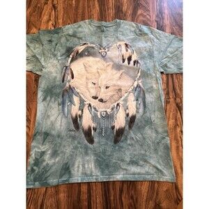 The Mountain Wolf T-Shirt Heart Native Feathers Graphic Sz XL Blue Tie Dye 2013